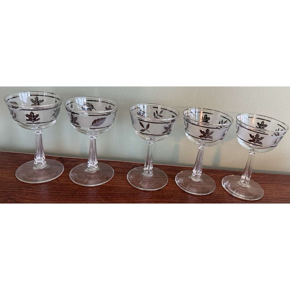 Vintage Set Of‎ 5 Libby Silver Leaf Frosted Cocktail/Champagne Glasses MCM